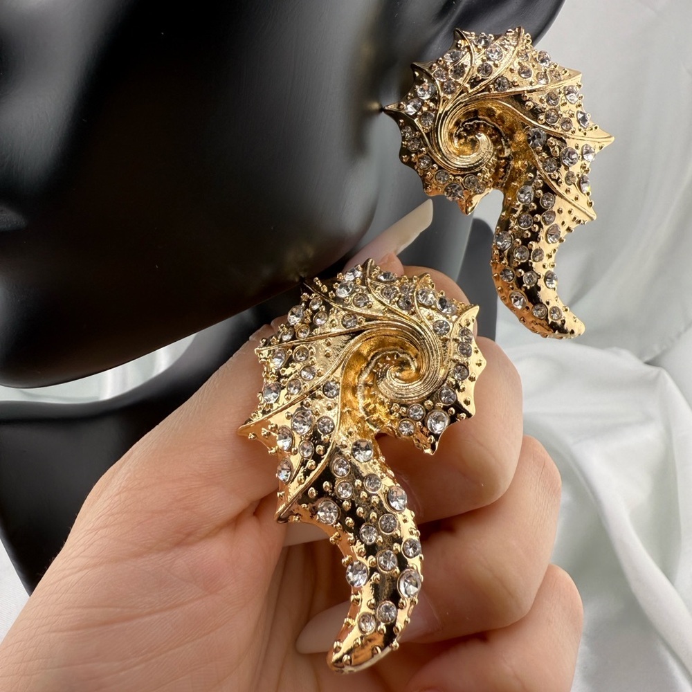 New! Zara seashell Gold and diamond crystal Swirl Earrings